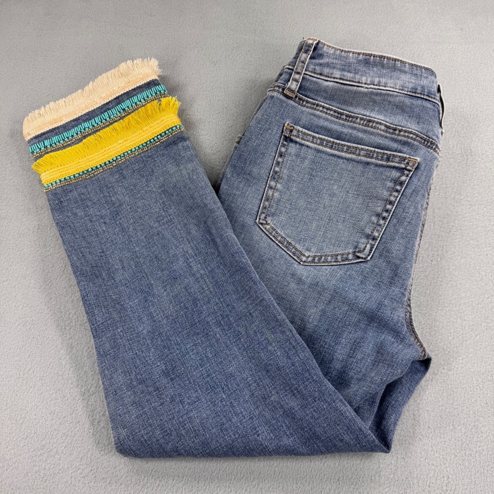 Chicos So Slimming Girlfriend Slim Leg Crop Jeans Blue Embellished Fringe Hem 2